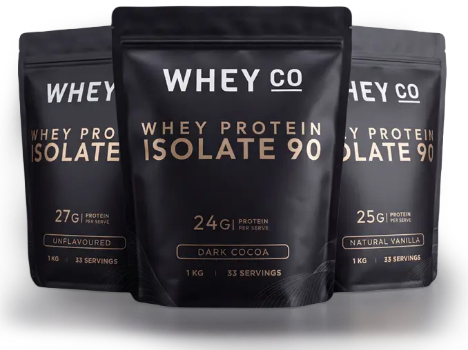 The Whey Co Whey Protein Isolate 90 range: Unflavoured, Dark Cocoa and Natural Vanilla