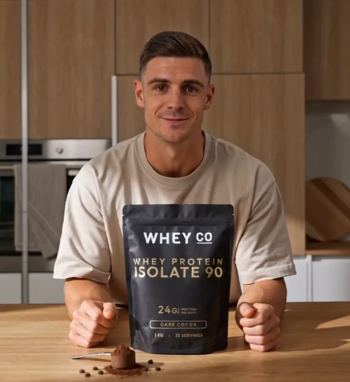 Customer at a kitchen bench with a bag of Dark Cocoa Whey Protein Isolate 90
