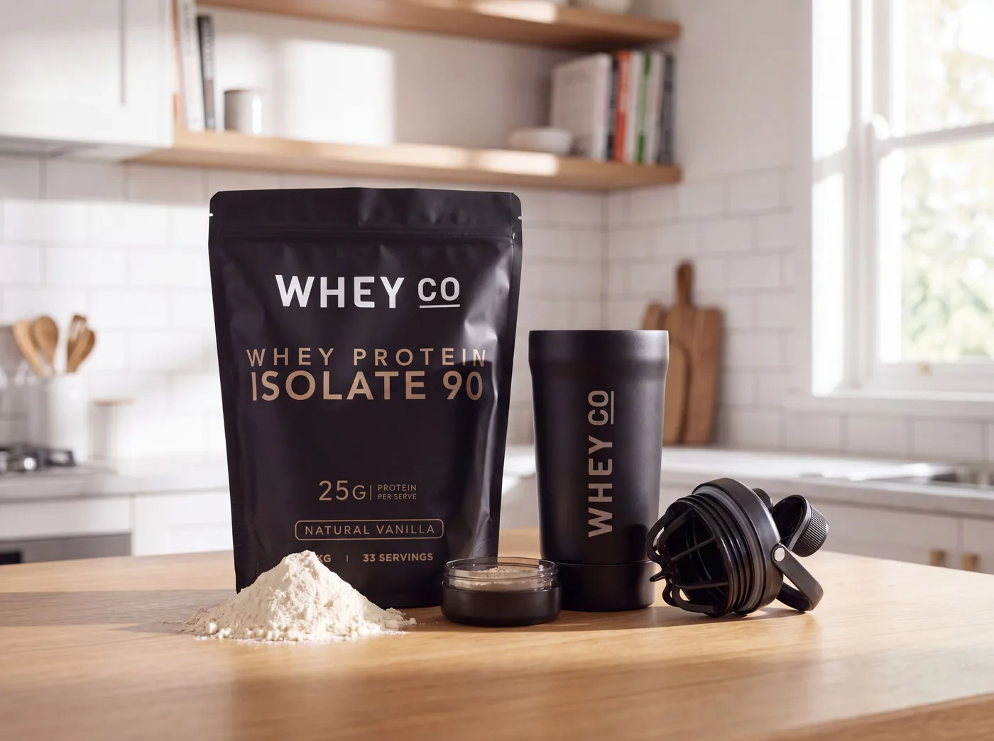 Natural Vanilla bag and shaker on a kitchen bench
